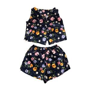 VTG Honors Intimates XL Pajama SET Top Sleep Shorts Silky Satin Navy Floral E25